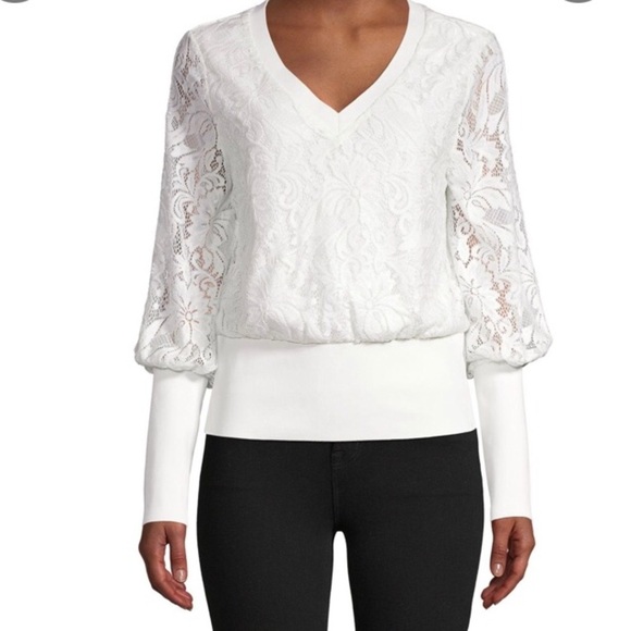LAUNDRY by Shelli Segal Bishop-sleeve Lace Top in Ivory Size S - Picture 1 of 9